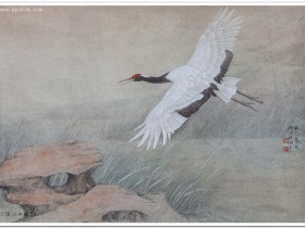 郑路迅工笔鹤《湖水荡漾白羽归》