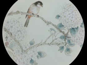郑路迅工笔《绣球珍禽》37X37厘米